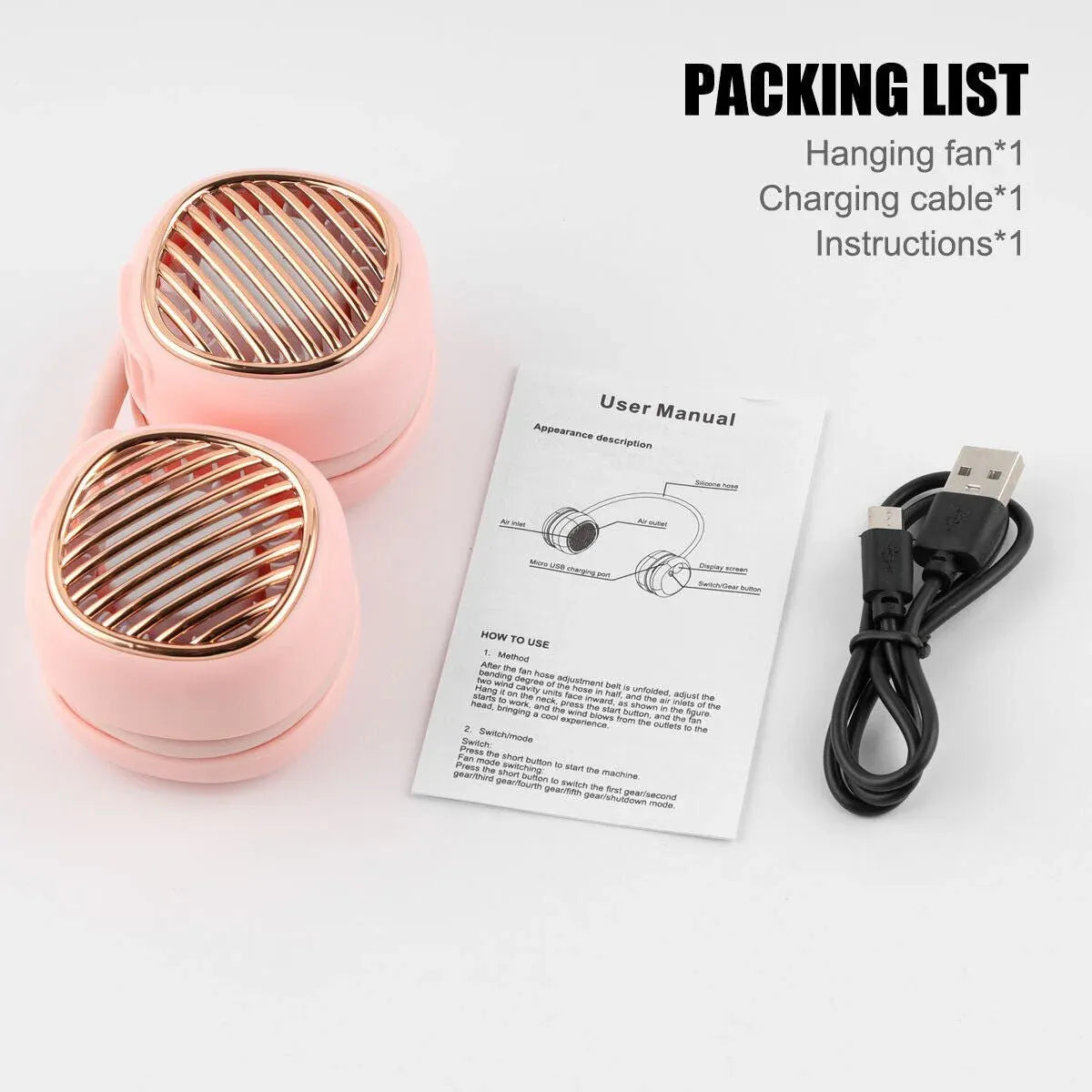 Portable Hanging Neck Fan 5 Speed Wearable Personal Fan Air Cooler Rechargeable